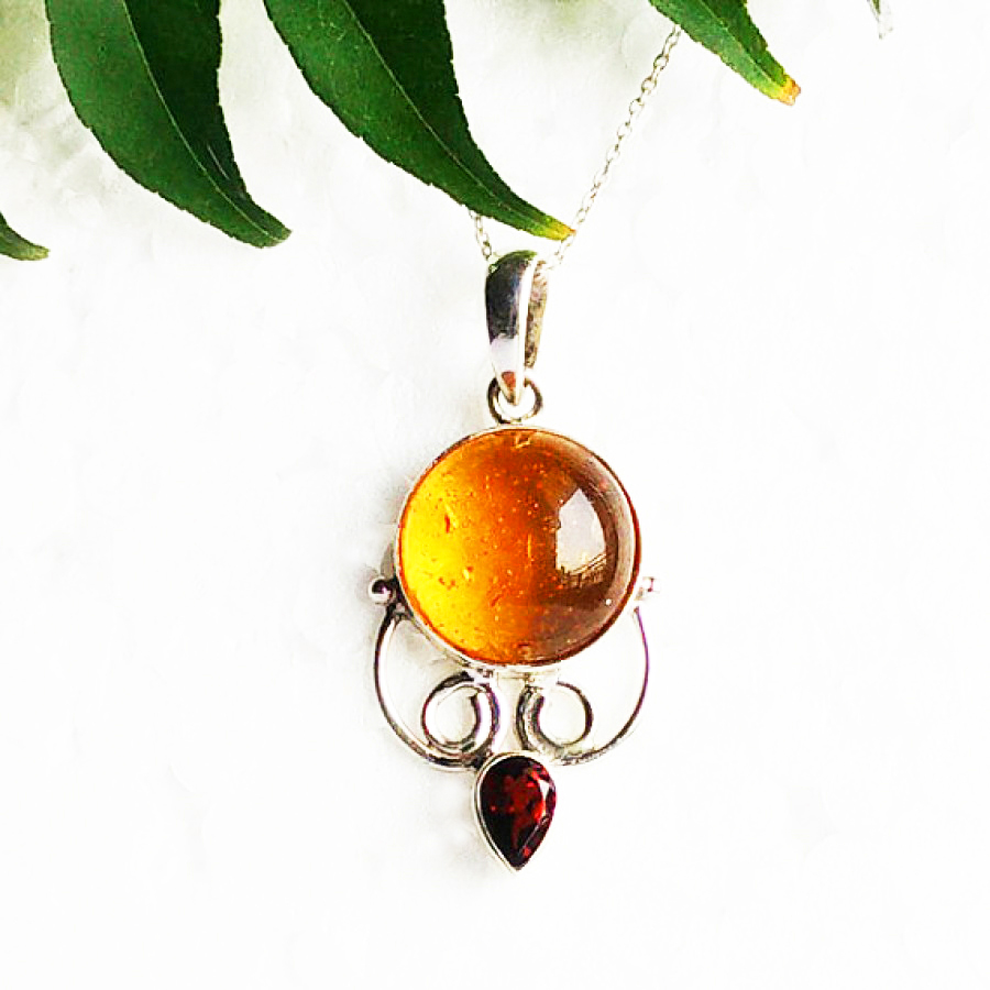 925 Sterling Silver Amber Necklace, Handmade Jewelry, Gemstone Birthstone Necklace, Free Silver Chain 18″, Gift For Her