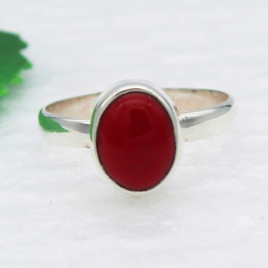 925 Sterling Silver Coral Ring, Handmade Jewelry, Gemstone Birthstone Ring, Gift For Her