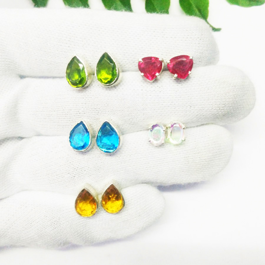 925 Sterling Silver 5 Pairs Multi Stone Earrings, Handmade Gemstone Jewelry, Silver Stud Earrings, Gift For Women