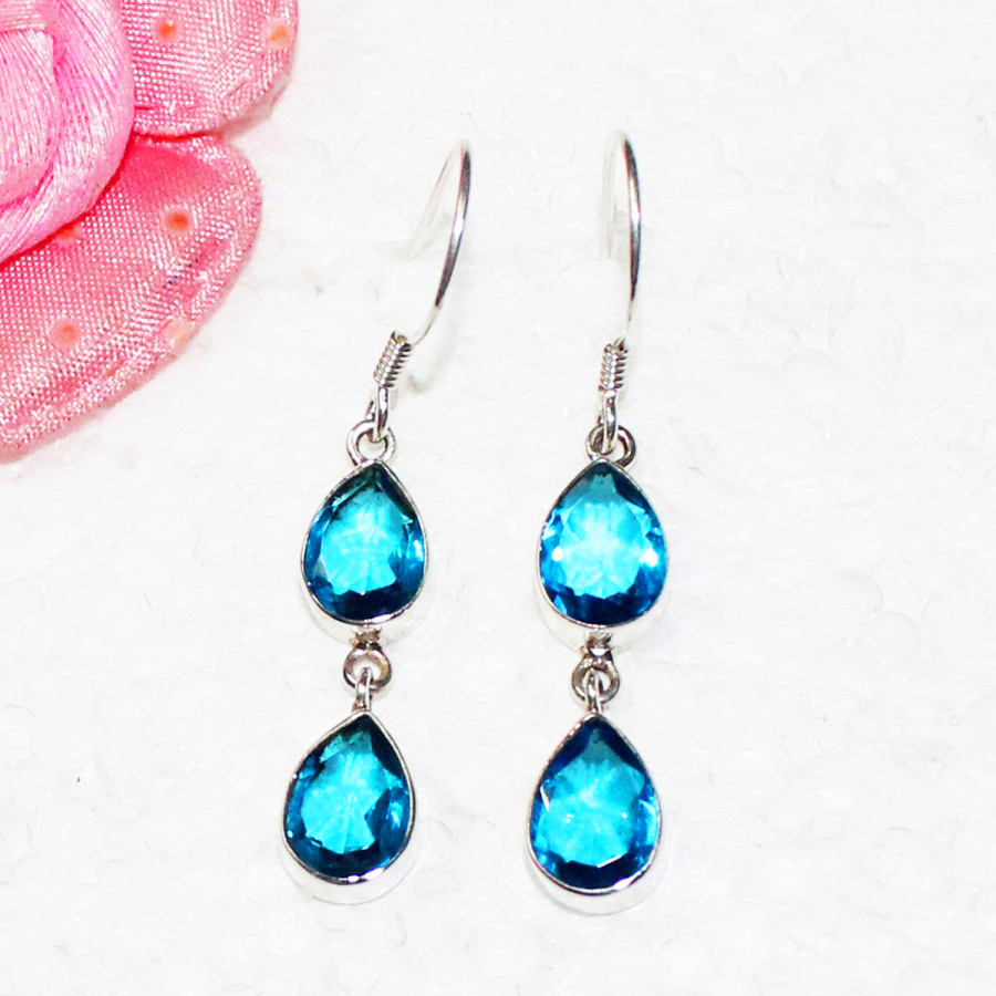 925 Sterling Silver Blue Topaz Earrings, Handmade Gemstone Jewelry, Silver Earrings Dangle, Gift For Women