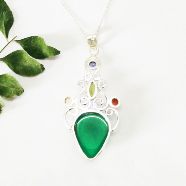 925 Sterling Silver Multi Stone Necklace Handmade Jewelry Gemstone Birthstone Pendant back picture