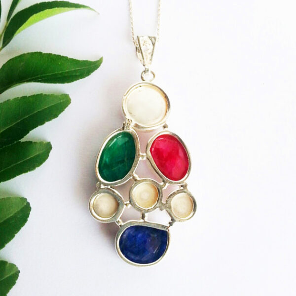 925 Sterling Silver Multi Stone Necklace Handmade Jewelry Gemstone Birthstone Pendant back picture