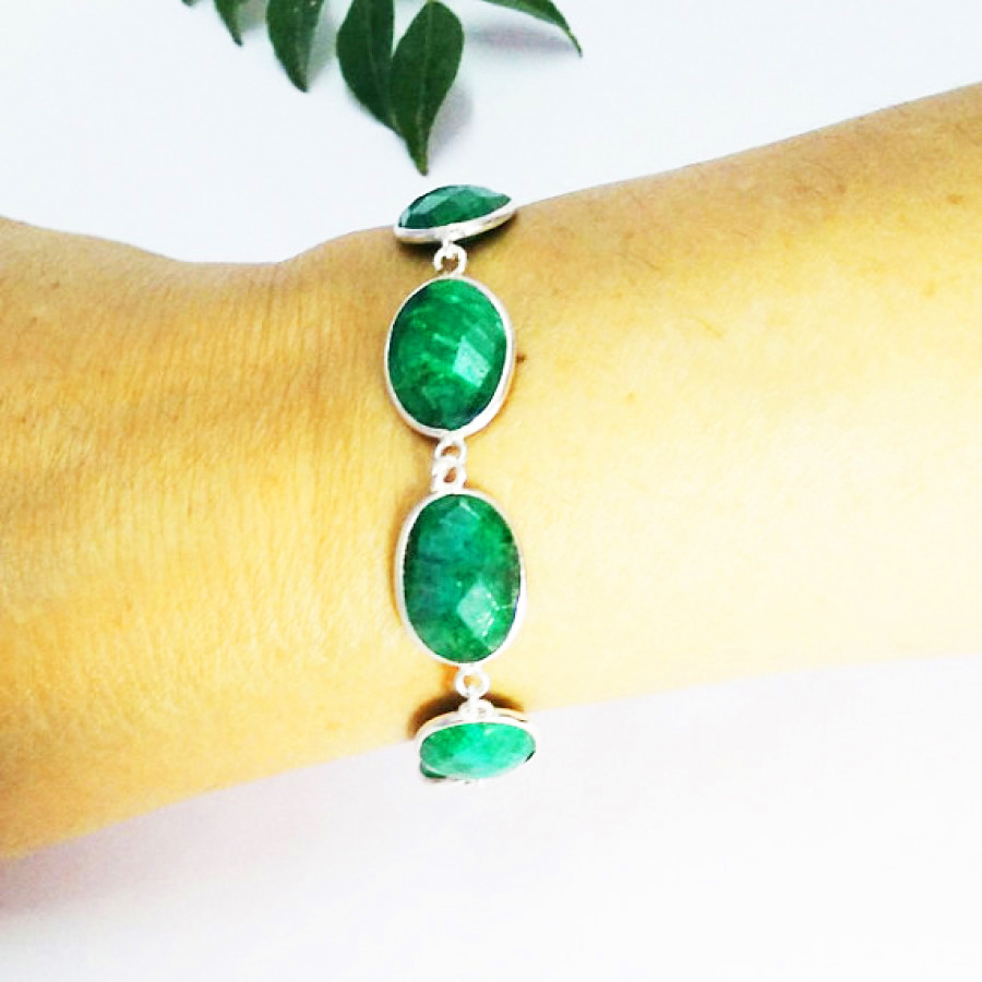 925 Sterling Silver Natural Emerald Bracelet, Handmade Jewelry, Gemstone Birthstone Bracelet, Gift For Women