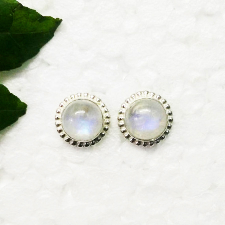 925 Sterling Silver Natural Rainbow Moonstone Earrings, Handmade Birthstone Jewelry, Silver Stud Earrings, Gift For Her