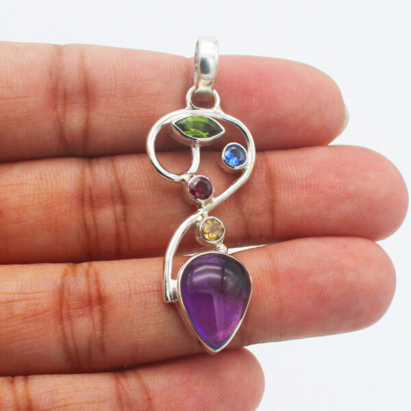 925 Sterling Silver Multi Stone Necklace Handmade Jewelry Gemstone Birthstone Pendant hand picture