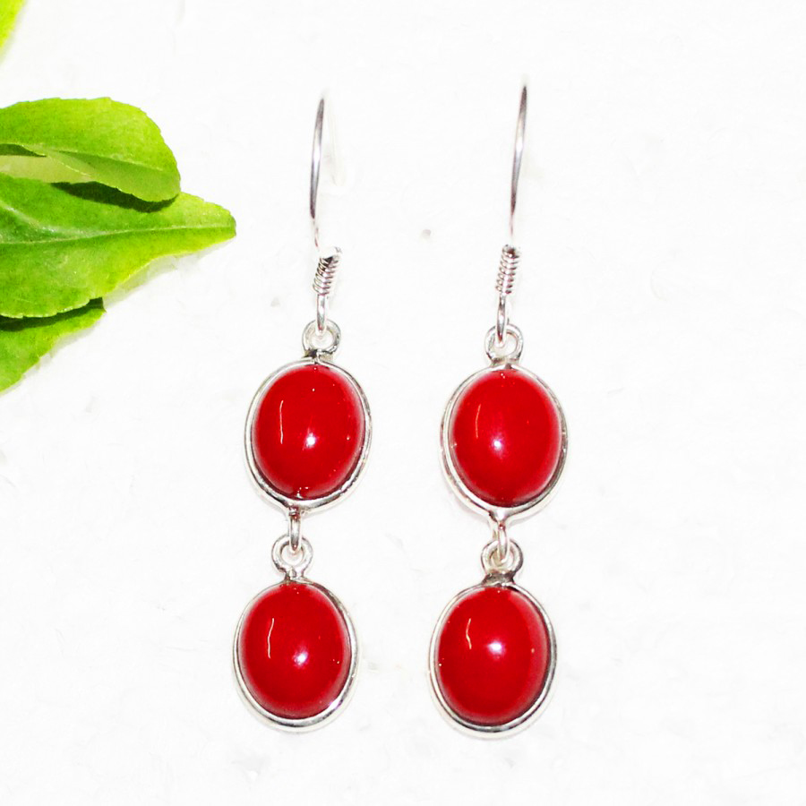 925 Sterling Silver Coral Earrings, Handmade Birthstone Jewelry, Silver Earrings Dangle, Gift For Her