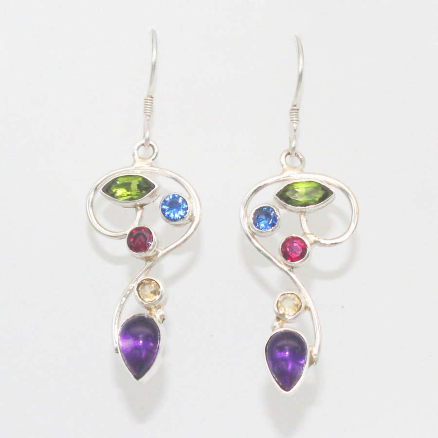 925 Sterling Silver Multi Stone Earrings, Handmade Gemstone Jewelry, Silver Earrings Dangle, Gift For Women