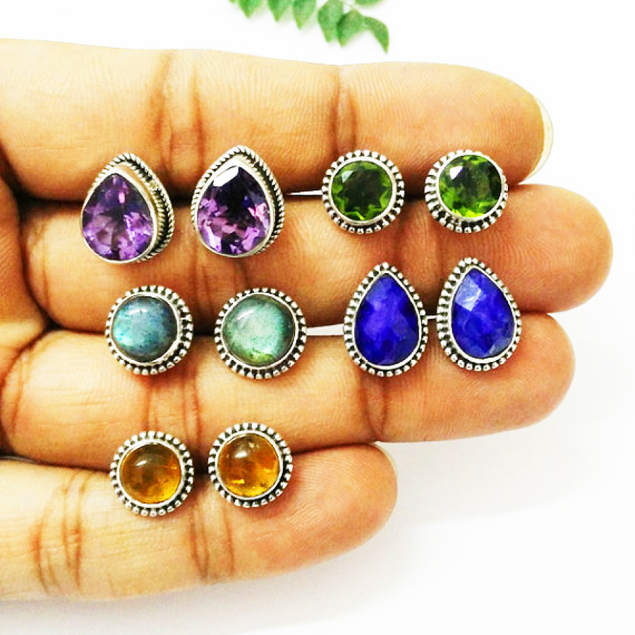 925 Sterling Silver 5 Pairs Multi Stone Earrings, Handmade Gemstone Jewelry, Silver Stud Earrings, Gift For Women