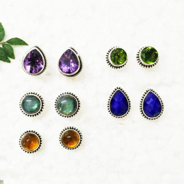 925 Sterling Silver 5 Pairs Multi Stone Earrings Handmade Jewelry Gemstone Birthstone Earrings front picture