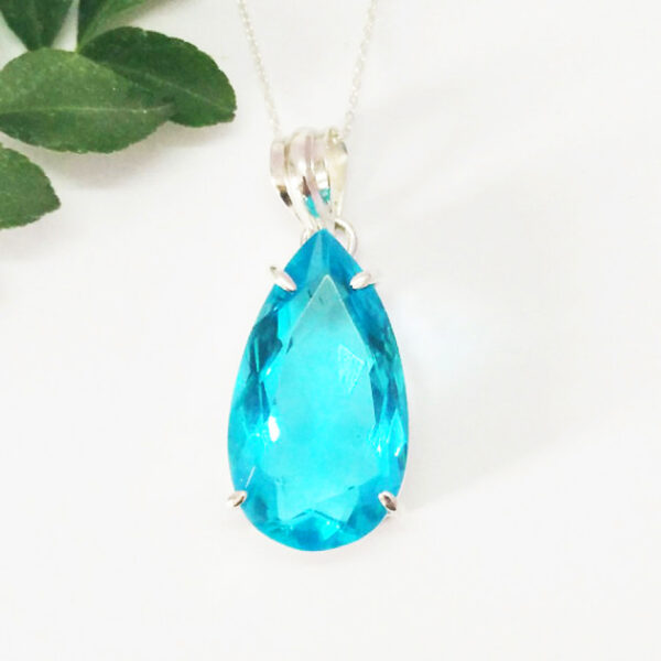 925 Sterling Silver Blue Topaz Necklace Handmade Jewelry Gemstone Birthstone Pendant front picture