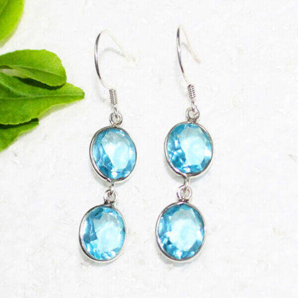 925 Sterling Silver Blue Topaz Earrings Handmade Jewelry Gemstone Birthstone Earrings front picture