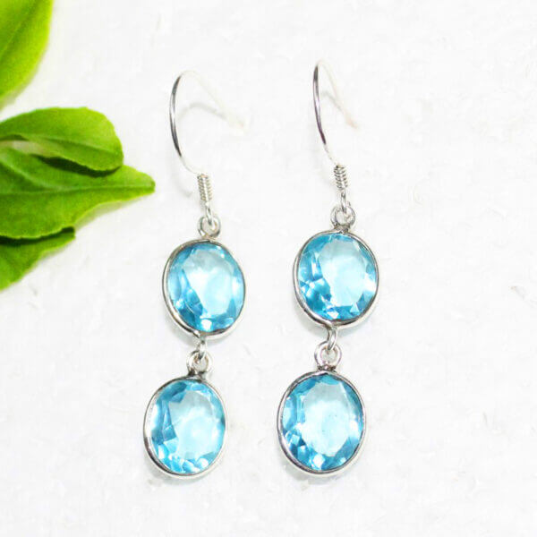 925 Sterling Silver Blue Topaz Earrings Handmade Jewelry Gemstone Birthstone Earrings front picture